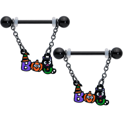 14G 5/8 Black Boo Party Halloween Chain Dangle Nipple Ring Set