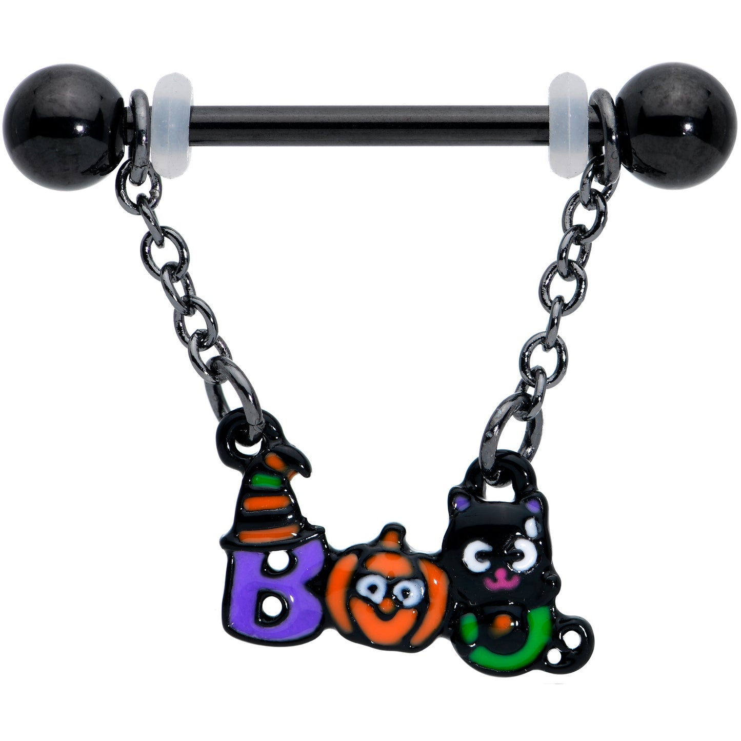 14G 5/8 Black Boo Party Halloween Chain Dangle Nipple Ring Set