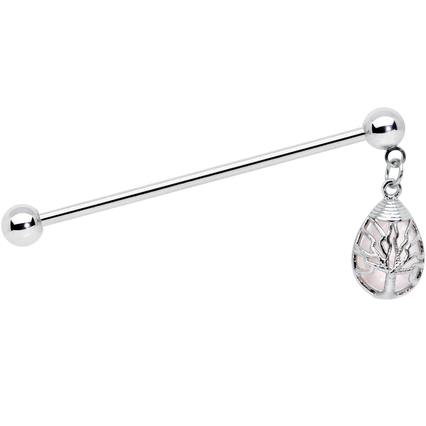 14G Rose Quartz Drop Tree Dangle Industrial Barbell 38mm