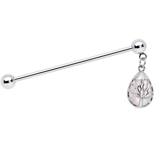 14G Rose Quartz Drop Tree Dangle Industrial Barbell 38mm