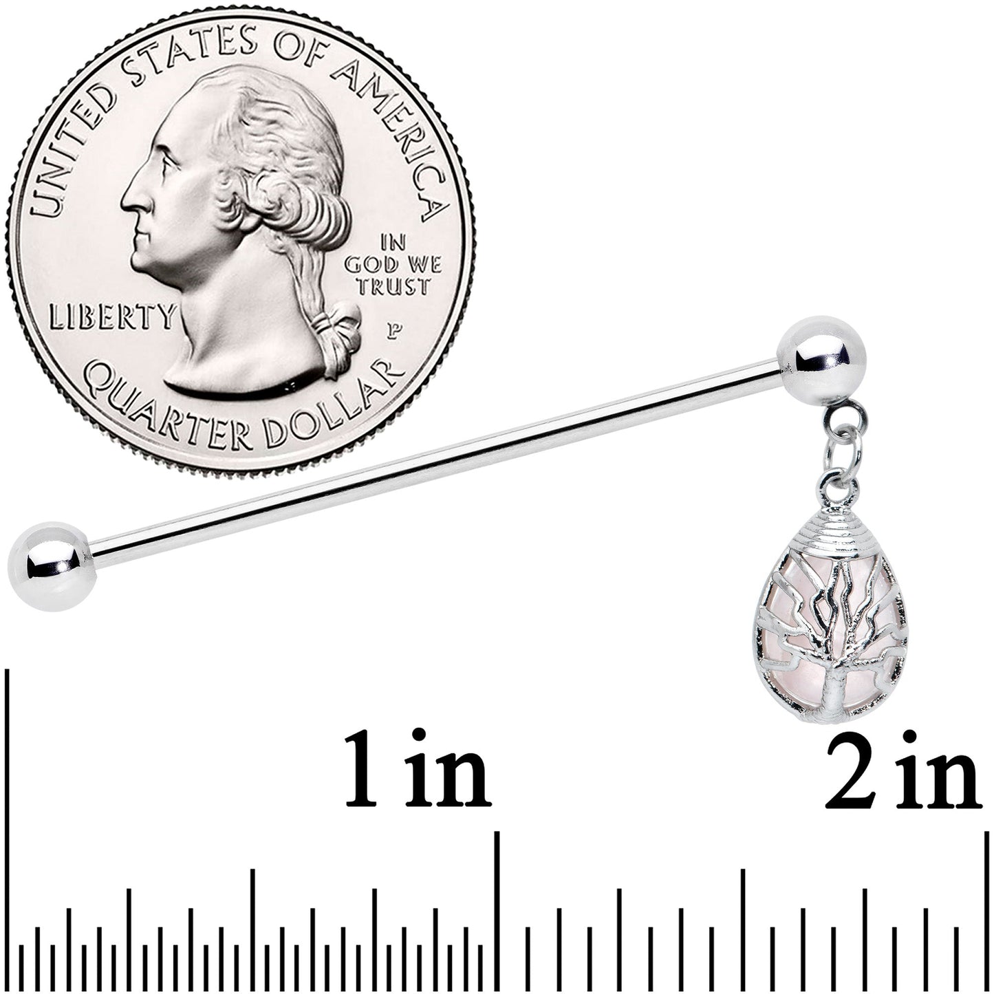 14G Rose Quartz Drop Tree Dangle Industrial Barbell 38mm