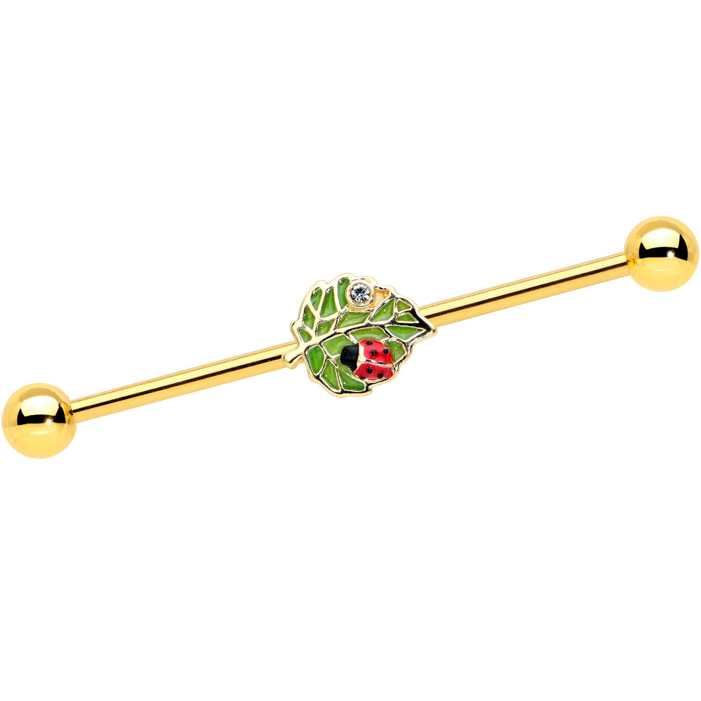 14G Clear Gem Gold Tone Leafy Ladybug Industrial Barbell 38mm