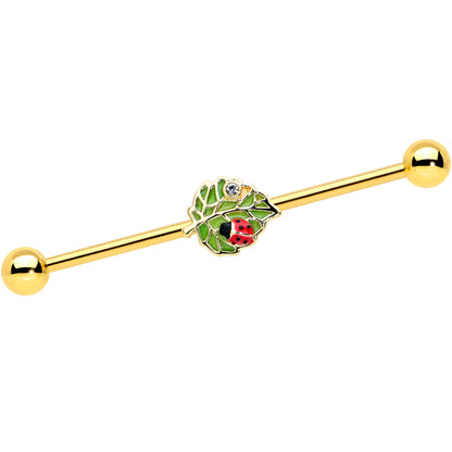 14G Clear Gem Gold Tone Leafy Ladybug Industrial Barbell 38mm