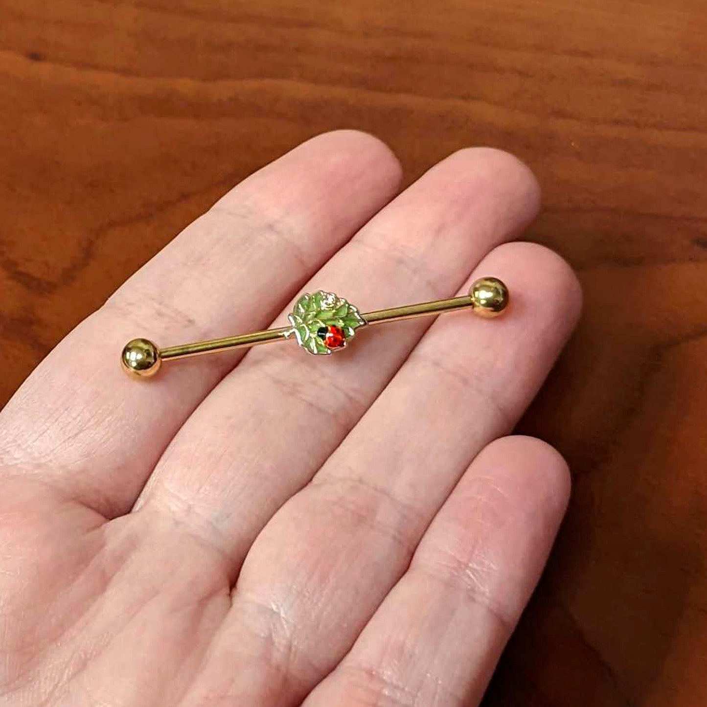 14G Clear Gem Gold Tone Leafy Ladybug Industrial Barbell 38mm
