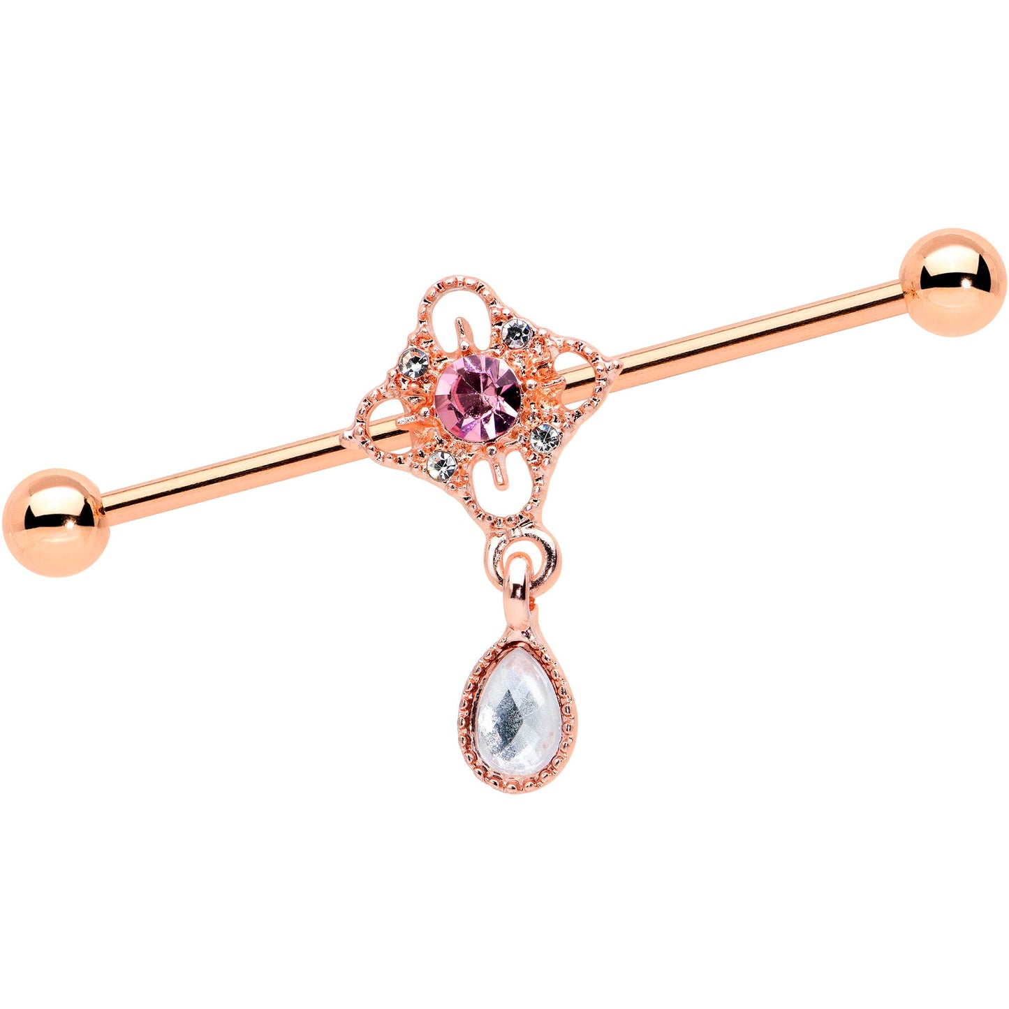 14G Purple Gem Rose Gold Hue Cross Dangle Industrial Barbell 38mm