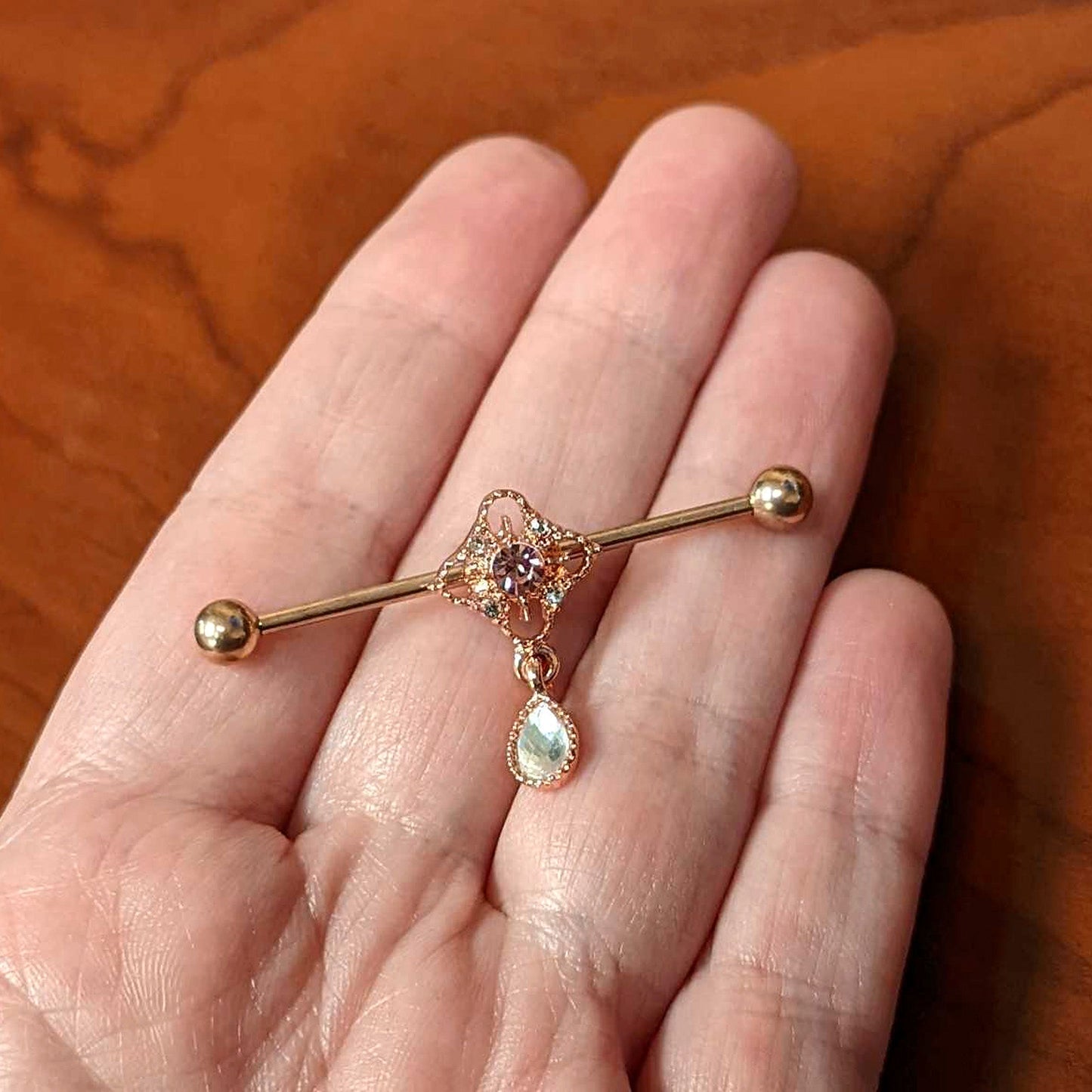 14G Purple Gem Rose Gold Hue Cross Dangle Industrial Barbell 38mm