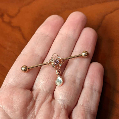 14G Purple Gem Rose Gold Hue Cross Dangle Industrial Barbell 38mm