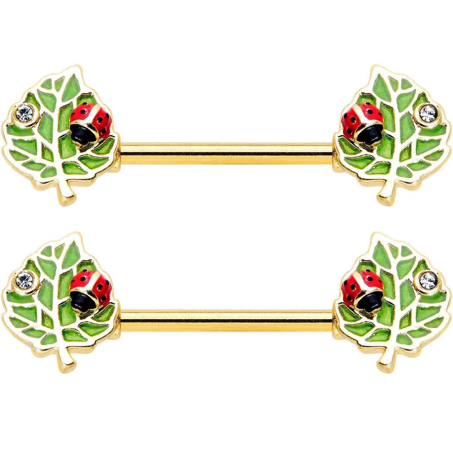 14G 9/16 Clear Gem Gold Hue Leafy Ladybug Barbell Nipple Ring Set