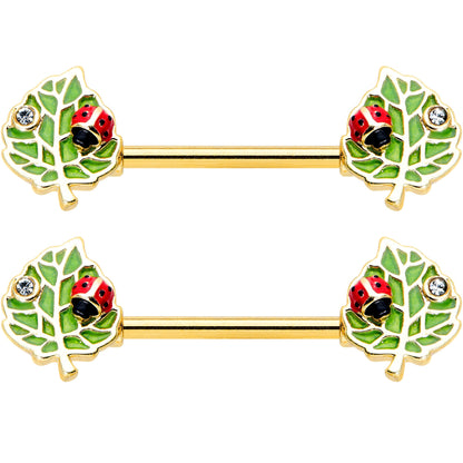 14G 9/16 Clear Gem Gold Hue Leafy Ladybug Barbell Nipple Ring Set