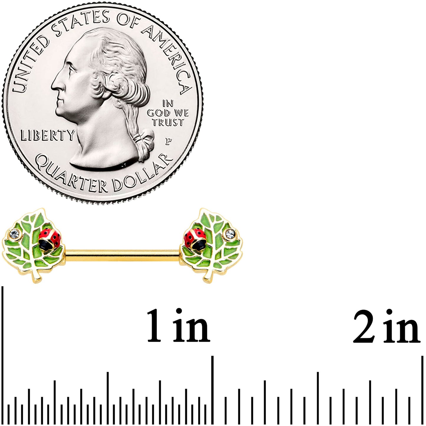 14G 9/16 Clear Gem Gold Hue Leafy Ladybug Barbell Nipple Ring Set