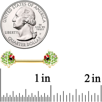 14G 9/16 Clear Gem Gold Hue Leafy Ladybug Barbell Nipple Ring Set