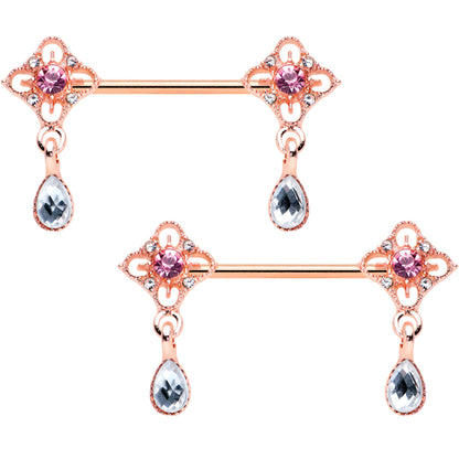 14G 9/16 Purple Grey Gem Rose Gold Tone Dangle Nipple Ring Set