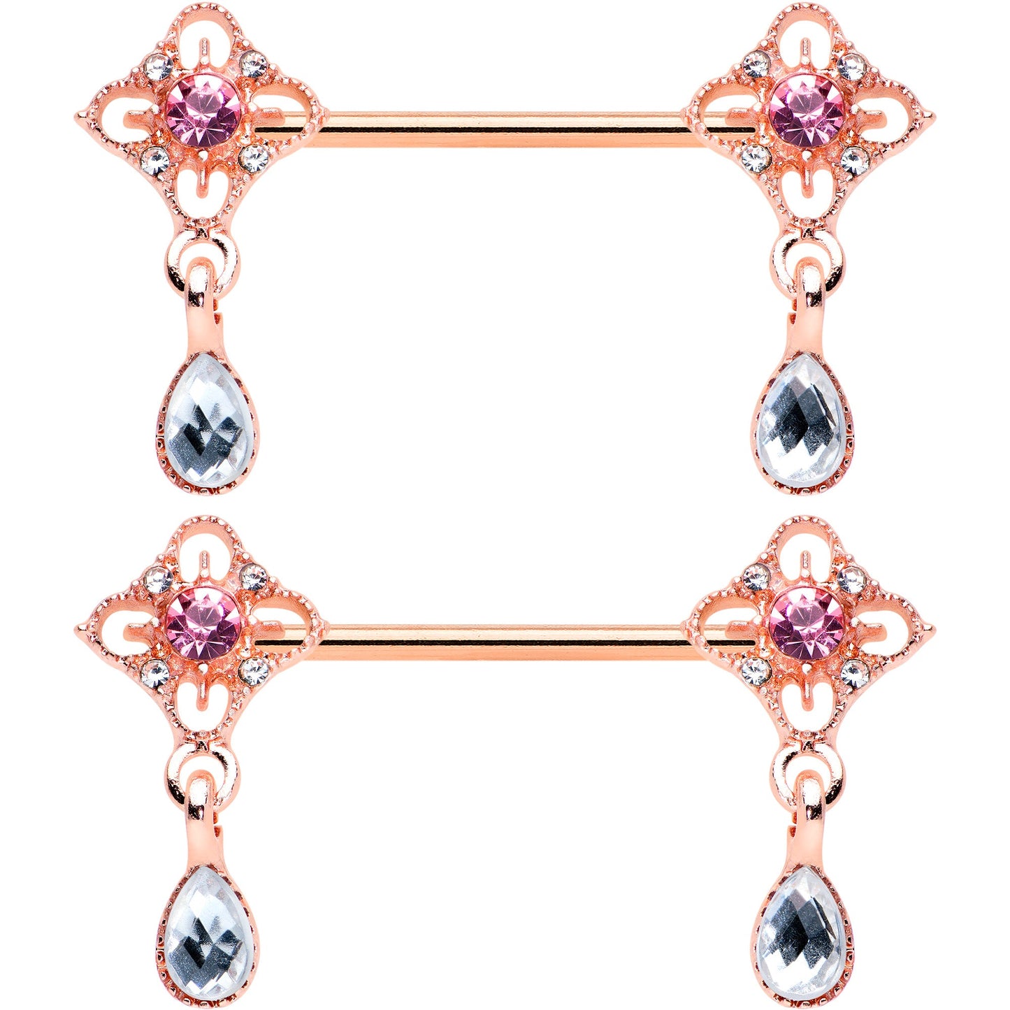 14G 9/16 Purple Grey Gem Rose Gold Tone Dangle Nipple Ring Set