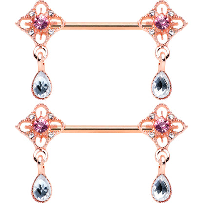 14G 9/16 Purple Grey Gem Rose Gold Tone Dangle Nipple Ring Set