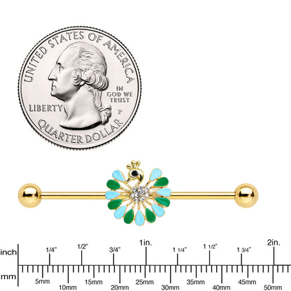 14G Clear Black Gold Tone Pretty Peacock Industrial Barbell 38mm
