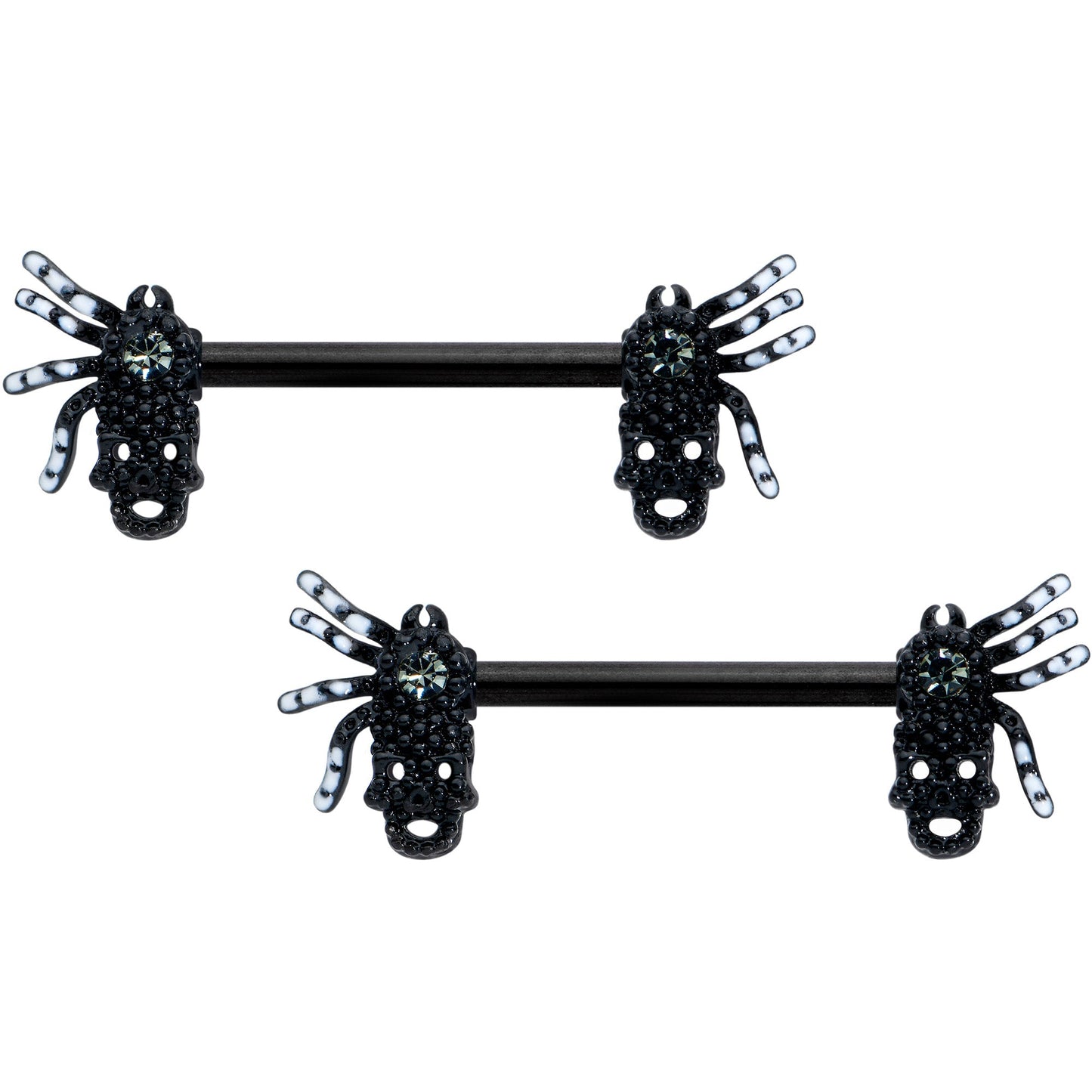 14G 1/2 Clear Gem Black Skull Spider Halloween Nipple Ring Set