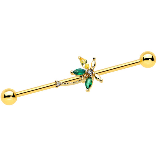 14G Clear Green Gem Gold Tone Palm Tree Industrial Barbell 38mm