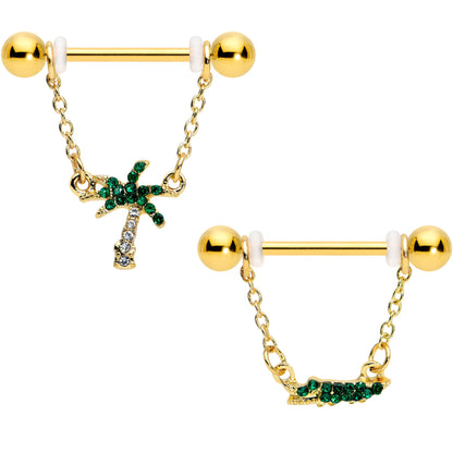 14G 5/8 Green Gem Gold Hue Gator Palm Tree Dangle Nipple Ring Set