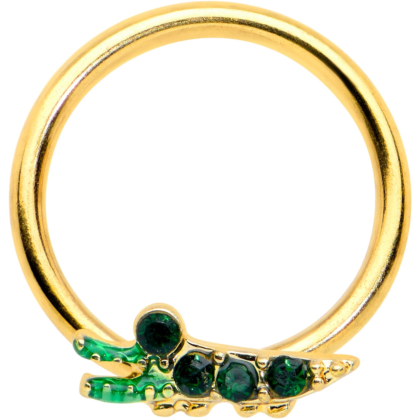 16G 3/8 Green Gem Gold Tone Happy Alligator BCR Captive Ring