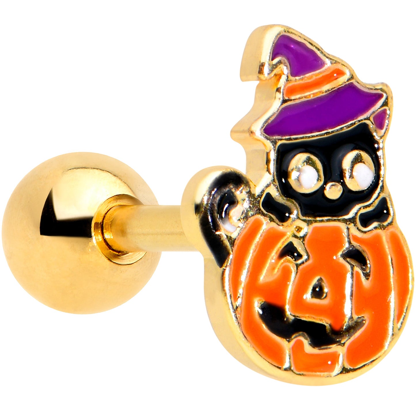 16G 1/4 Gold Tone Pumpkin Black Cat Halloween Cartilage Tragus