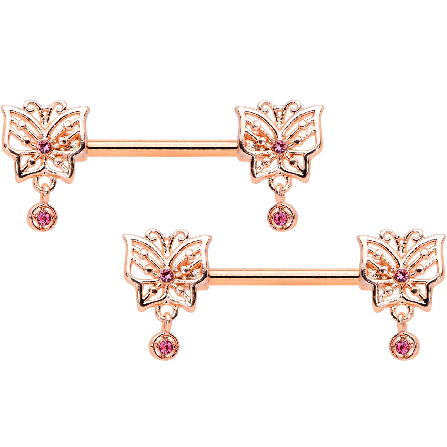 14G 9/16 Pink CZ Gem Rose Gold Tone Butterfly Nipple Ring Set