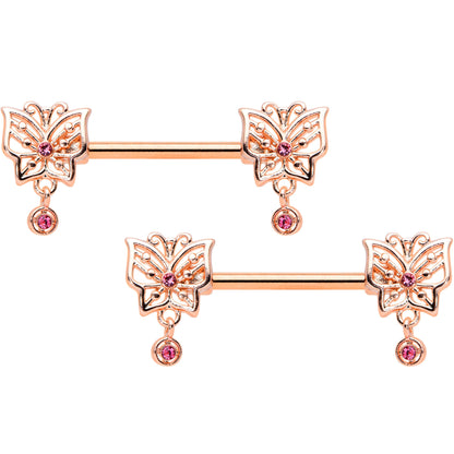 14G 9/16 Pink CZ Gem Rose Gold Tone Butterfly Nipple Ring Set
