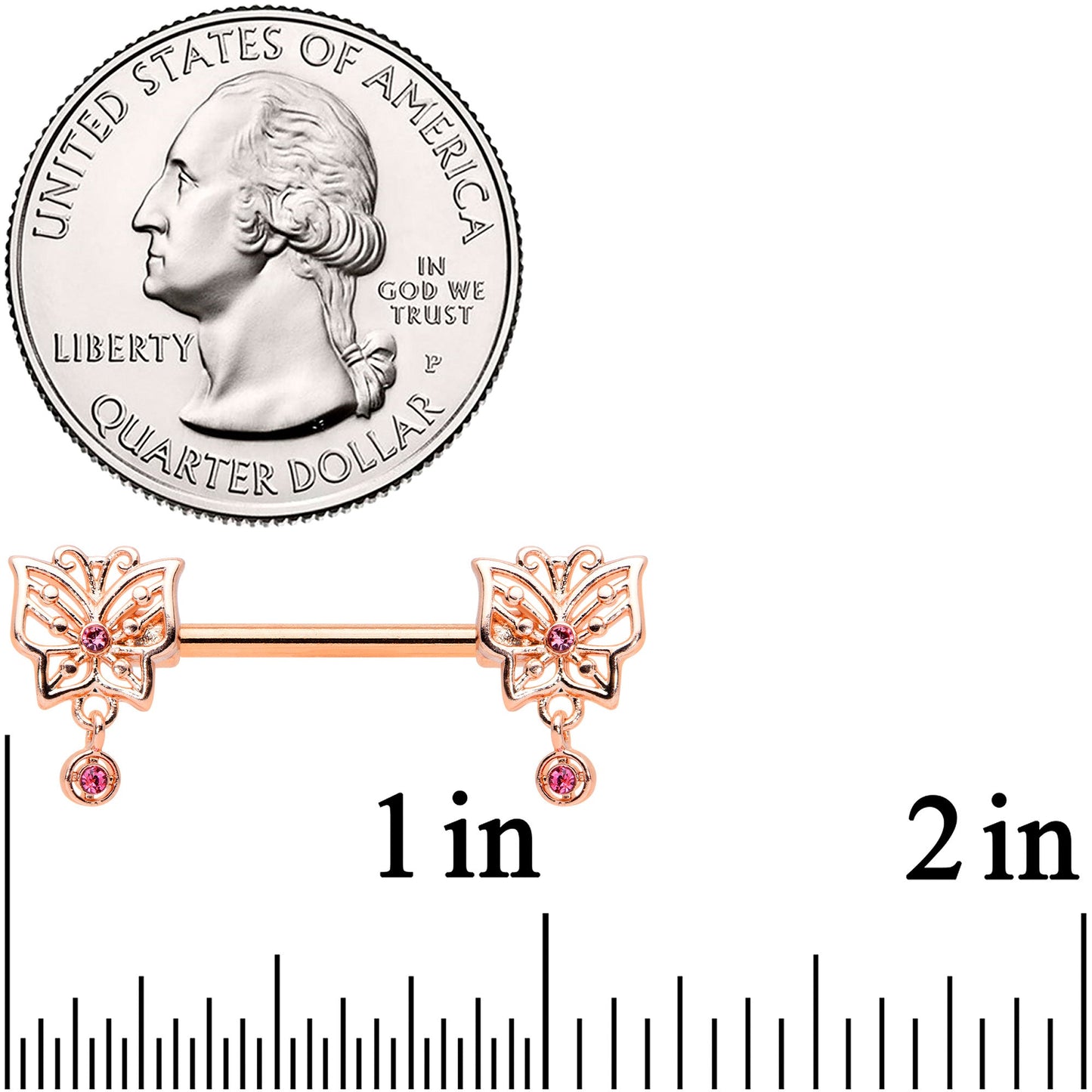 14G 9/16 Pink CZ Gem Rose Gold Tone Butterfly Nipple Ring Set