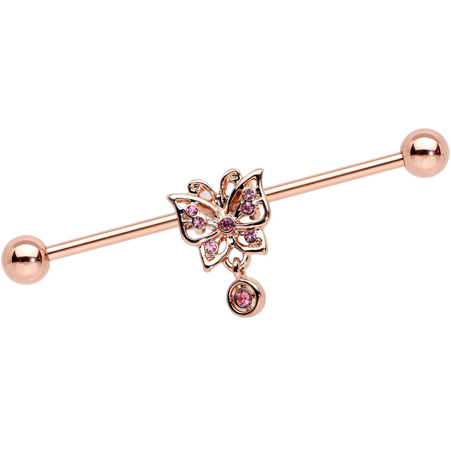 14G Pink CZ Gem Rose Gold Tone Butterfly Industrial Barbell 38mm