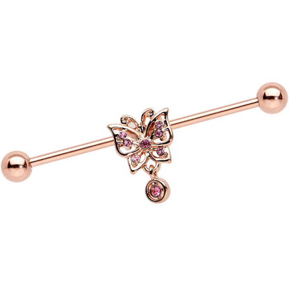 14G Pink CZ Gem Rose Gold Tone Butterfly Industrial Barbell 38mm