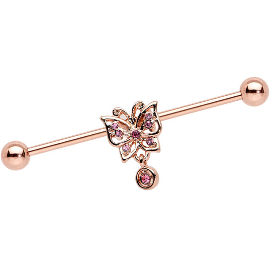 14G Pink CZ Gem Rose Gold Tone Butterfly Industrial Barbell 38mm
