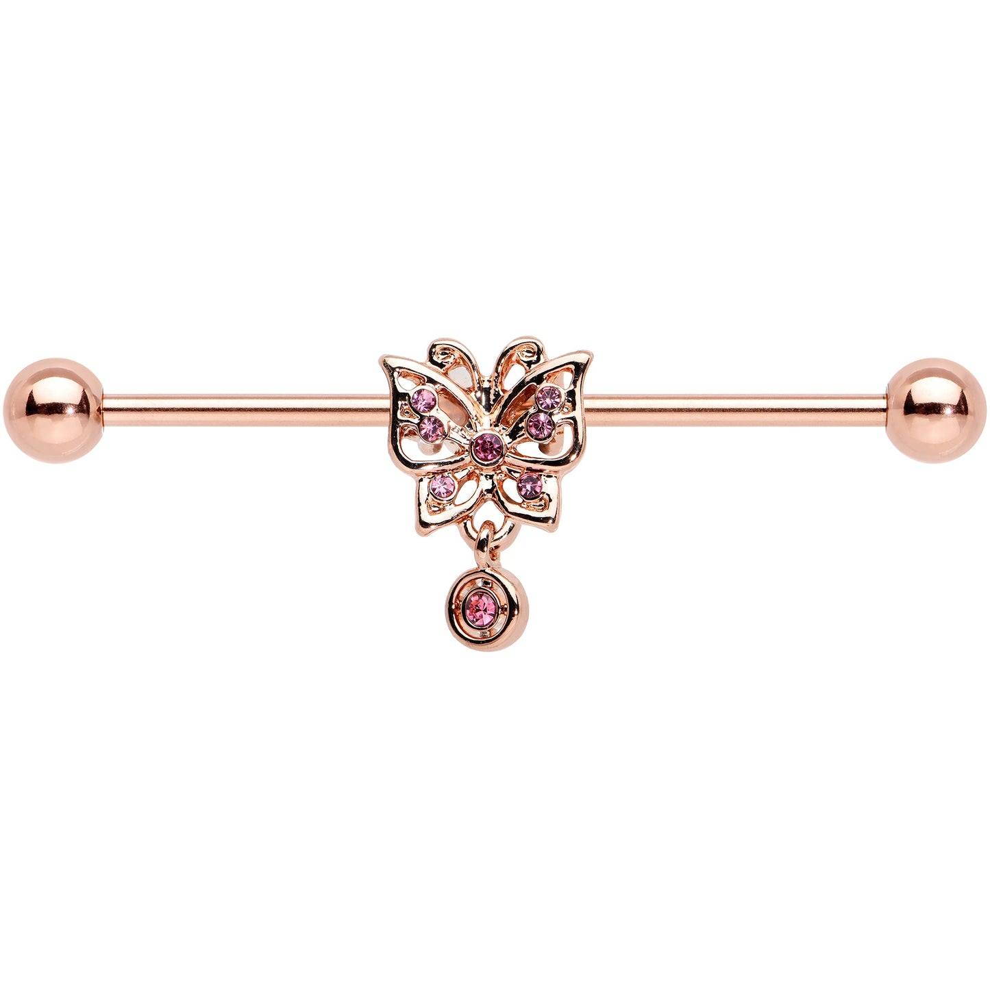 14G Pink CZ Gem Rose Gold Tone Butterfly Industrial Barbell 38mm