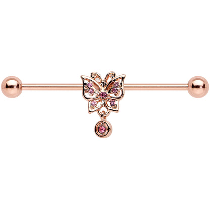 14G Pink CZ Gem Rose Gold Tone Butterfly Industrial Barbell 38mm