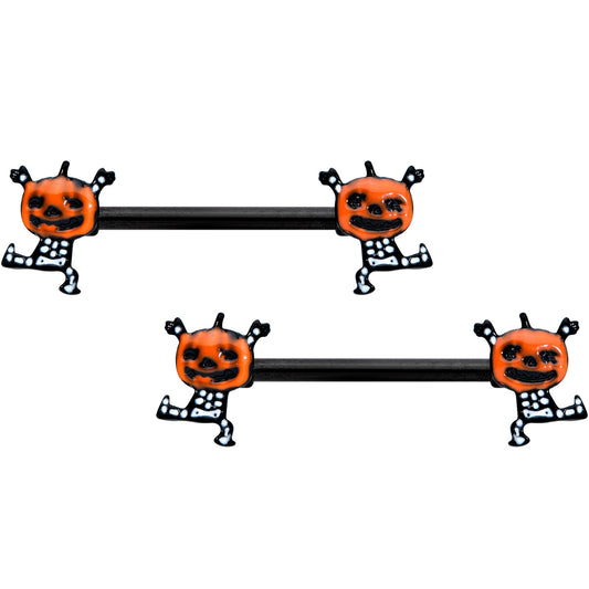 14G 9/16 Black Dancing Skeleton Pumpkin Halloween Nipple Ring Set