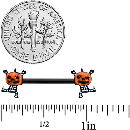 14G 9/16 Black Dancing Skeleton Pumpkin Halloween Nipple Ring Set