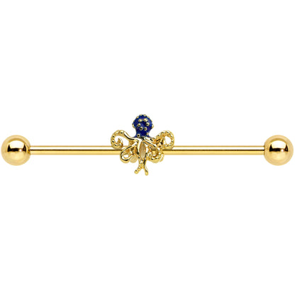 14G Gold Tone Textured Blue Octopus Industrial Barbell 38mm
