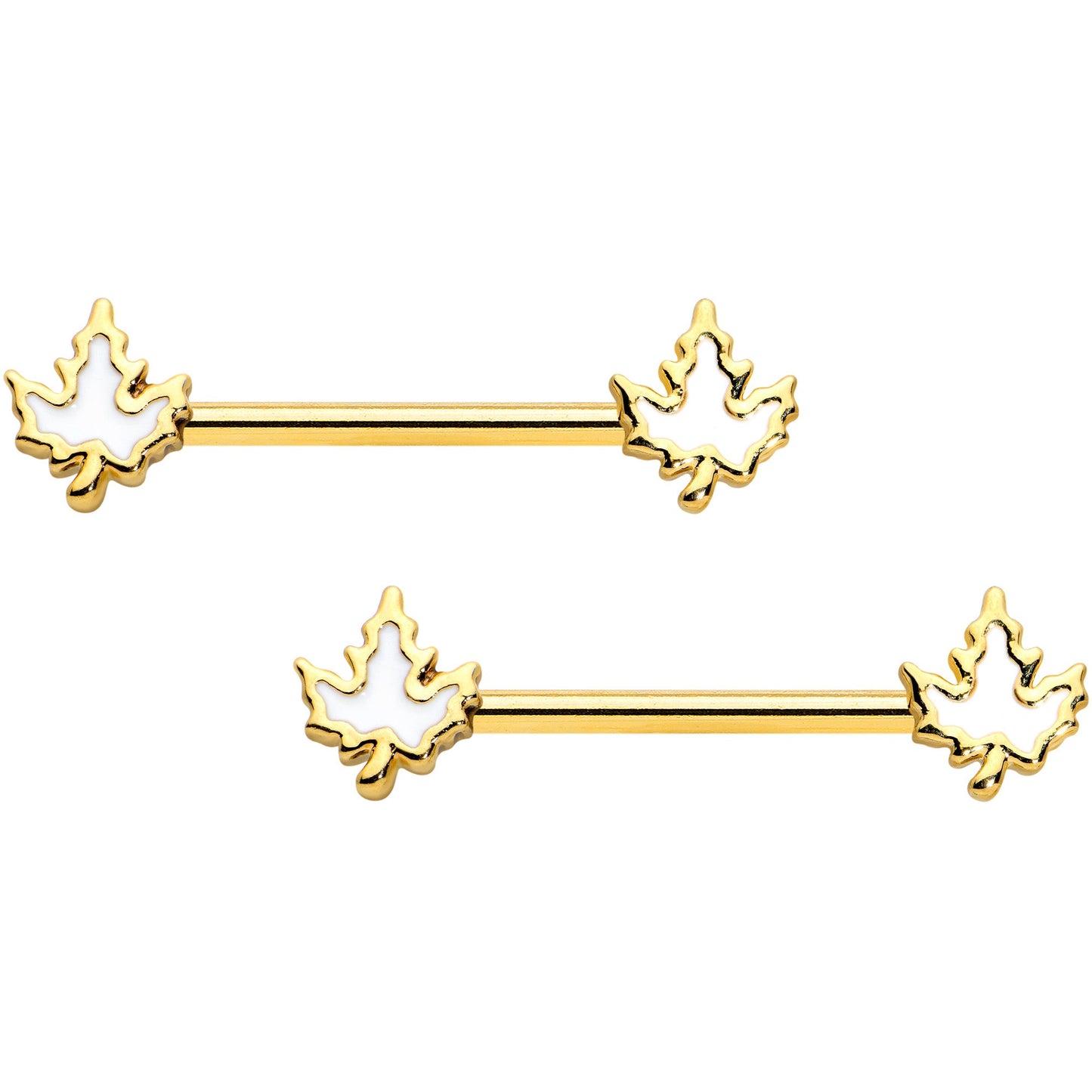 14G 9/16 Gold Tone Fall White Maple Leaf Barbell Nipple Ring Set