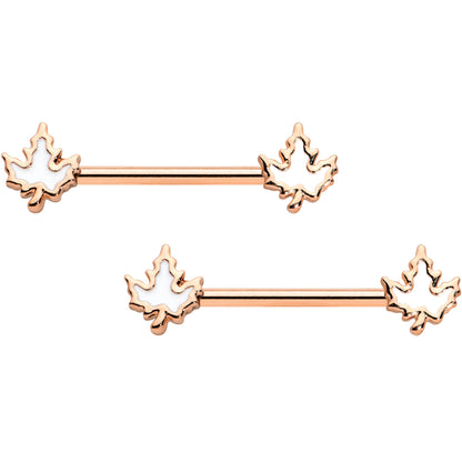 14G 9/16 Rose Gold Tone Fall White Maple Leaf Nipple Ring Set