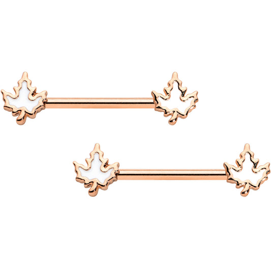 14G 9/16 Rose Gold Tone Fall White Maple Leaf Nipple Ring Set