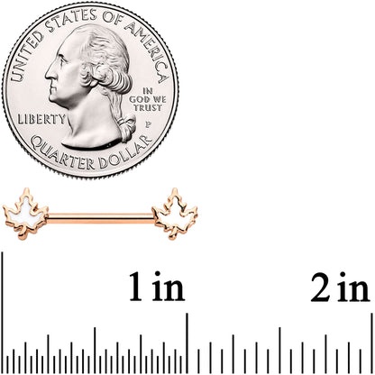 14G 9/16 Rose Gold Tone Fall White Maple Leaf Nipple Ring Set