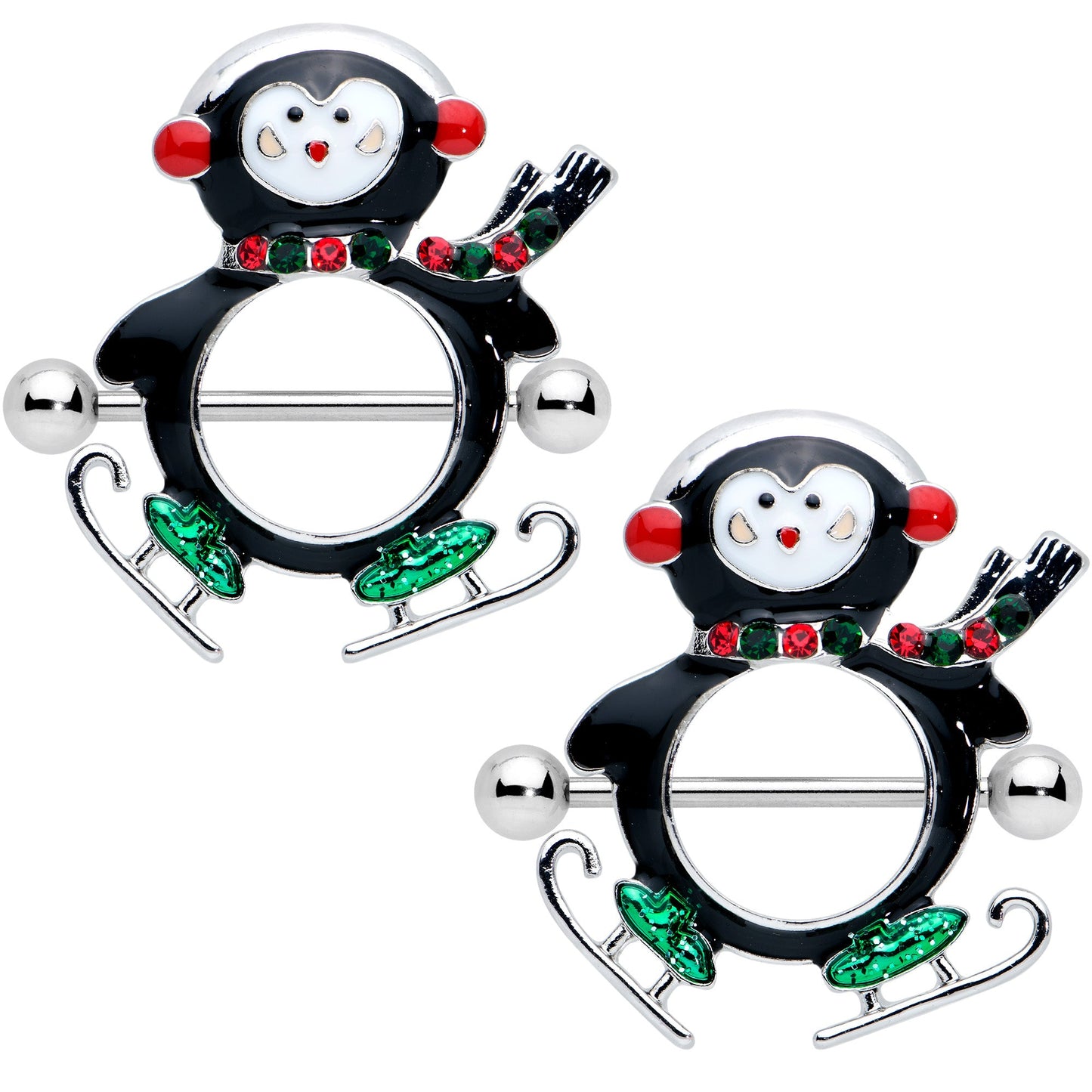14G 9/16 Red Green Gem Skate Penguin Christmas Nipple Shield Set