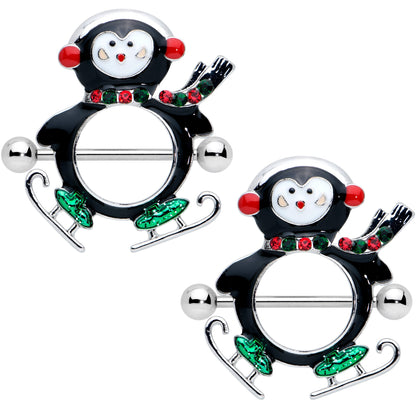 14G 9/16 Red Green Gem Skate Penguin Christmas Nipple Shield Set