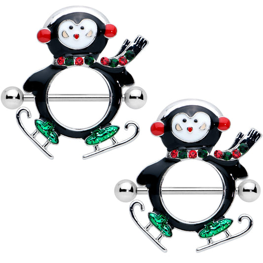 14G 9/16 Red Green Gem Skate Penguin Christmas Nipple Shield Set