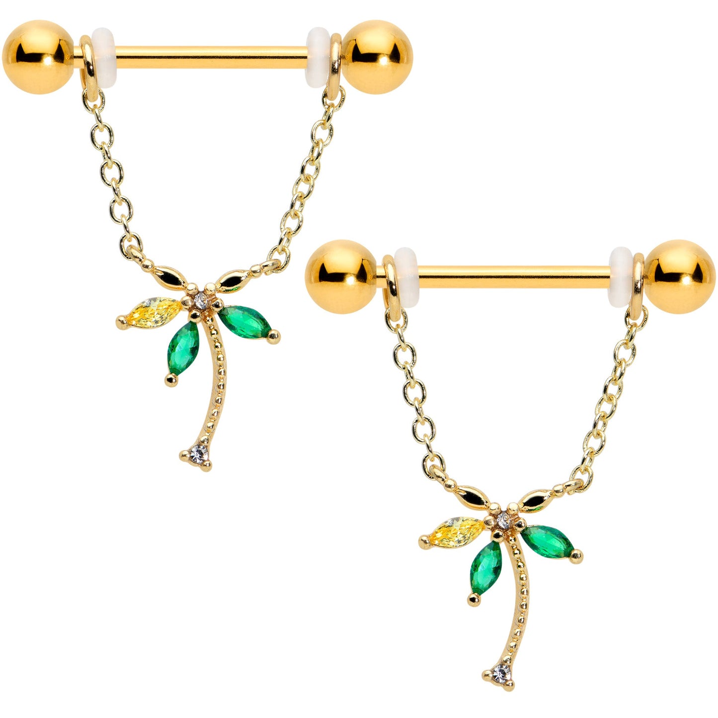 14G 9/16 Green Gem Gold Hue Palm Tree Chain Dangle Nipple Ring Set