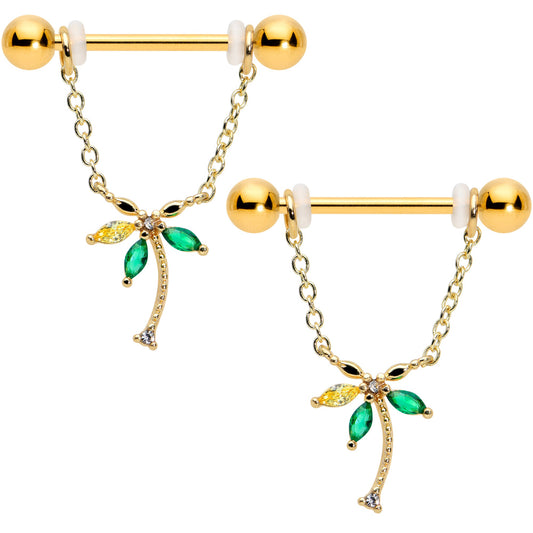 14G 9/16 Green Gem Gold Hue Palm Tree Chain Dangle Nipple Ring Set