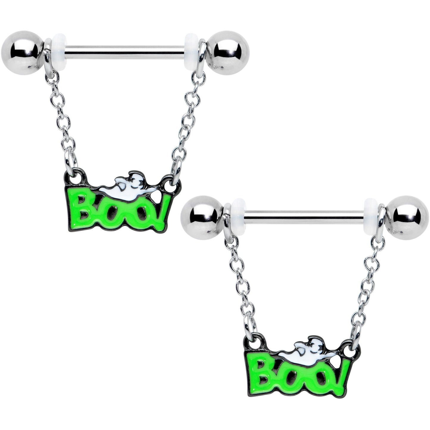 14G 5/8 Green Boo Smile Ghost Halloween Dangle Nipple Ring Set