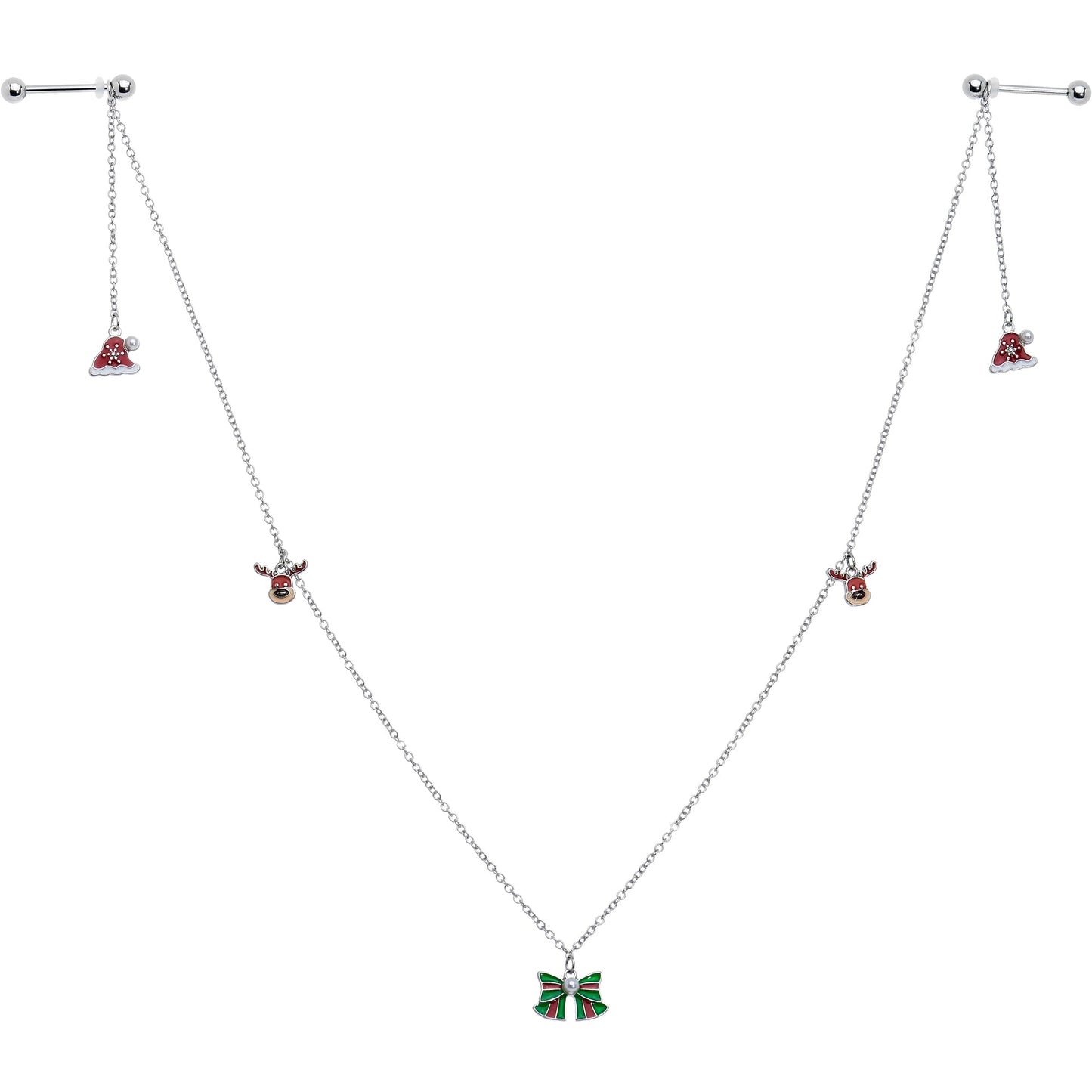 14G 9/16 White Orb Santa Hat Christmas Barbell Nipple Chain Set