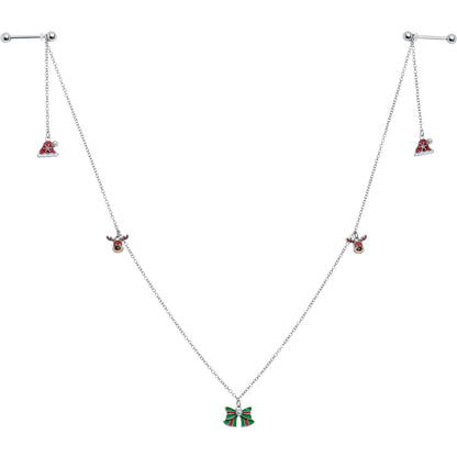 14G 9/16 White Orb Santa Hat Christmas Barbell Nipple Chain Set