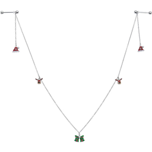 14G 9/16 White Orb Santa Hat Christmas Barbell Nipple Chain Set