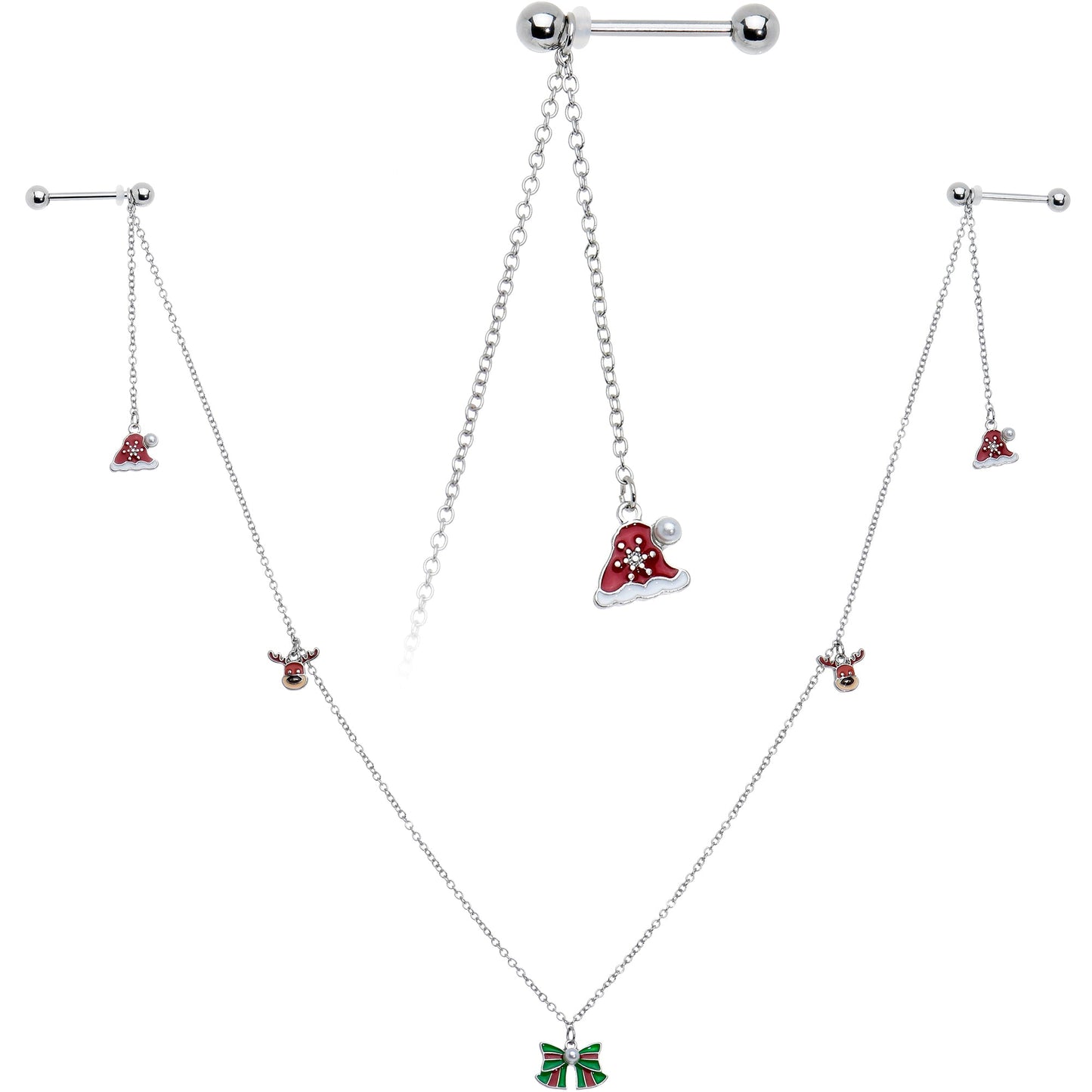 14G 9/16 White Orb Santa Hat Christmas Barbell Nipple Chain Set