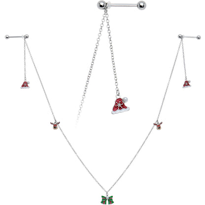 14G 9/16 White Orb Santa Hat Christmas Barbell Nipple Chain Set